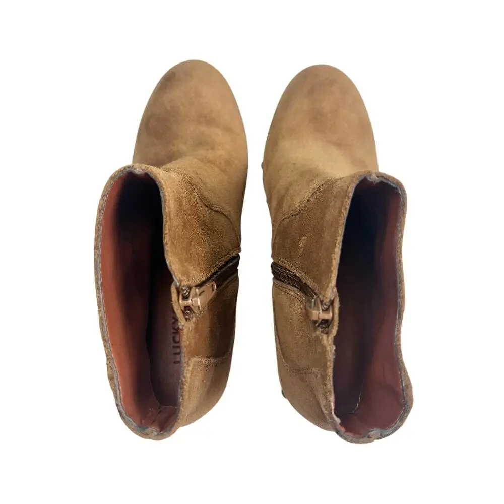 Lucky Brand | Women | Yasamin Studded Tan Suede Leather Heeled Booties | 5.5 M